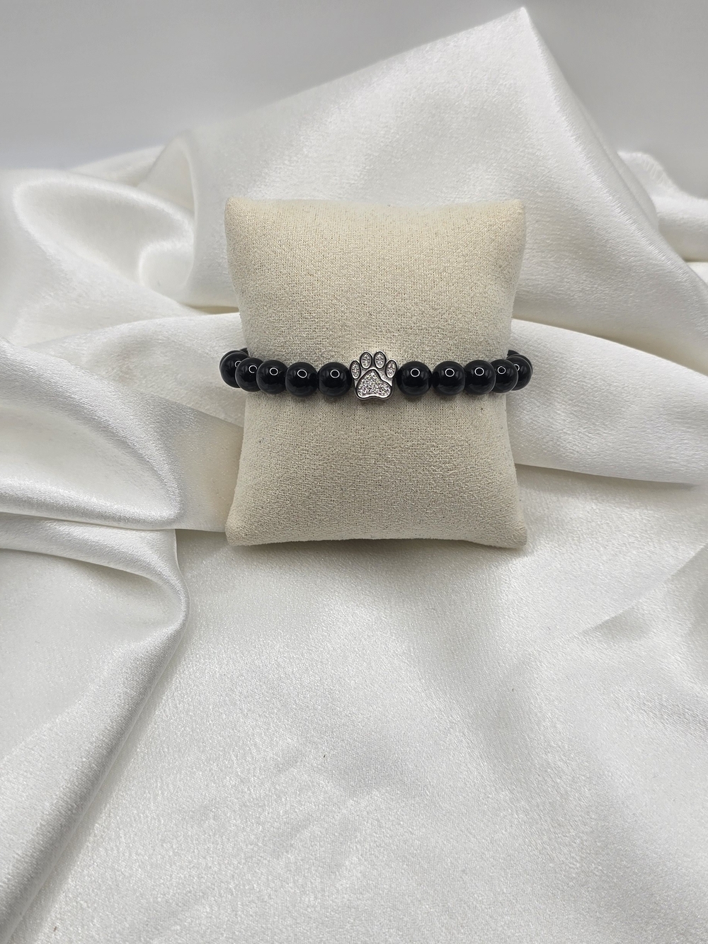 Natural Black Tourmaline Sterling Silver Moissanite Paw Charm Handmade Bracelet